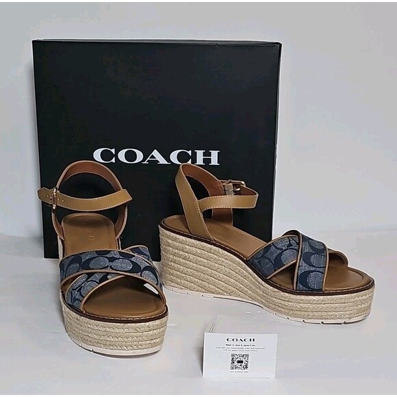 COACH Kimberly Espadrille Blue Chambray & Brown Leather Size 8.5 w/Box EUC - Picture 1 of 13